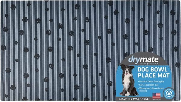 Dry Mate Dog Bowl Place Mat Paw Stripe Grey Black 12X20 Inches