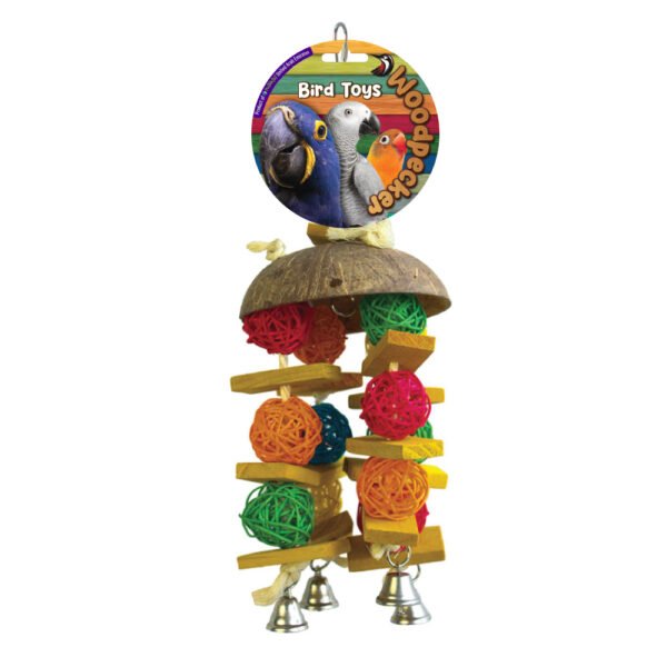 Woodpecker Bird Toy Hawaiin Coconut With Bell 36*14 Cm
