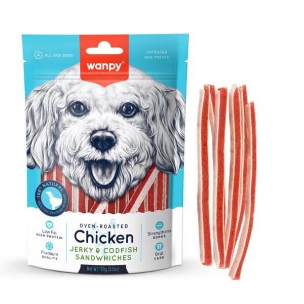 Wanpy Chicken Jerky and Codfish Sandwiches Dog Treats 100G